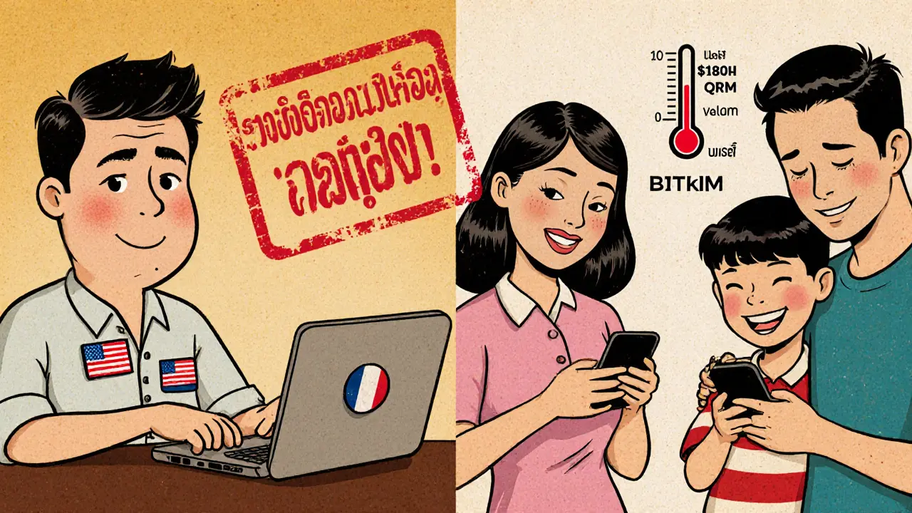 A foreign traveler blocked from BitKub while a Thai family easily buys crypto via QR payment.