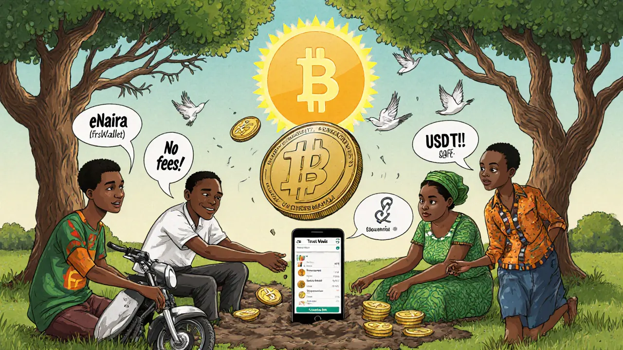 A group of Nigerians learn crypto together in a park, with USDT coins rising above a sinking eNaira coin in cartoon illustration.