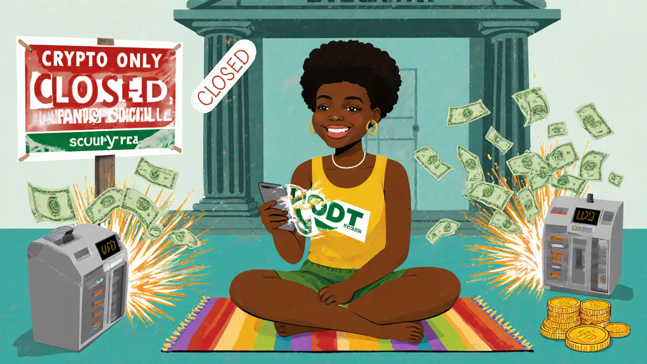 A young freelancer in Lagos receives USDT from abroad while bank buildings close behind her in a vintage cartoon style.