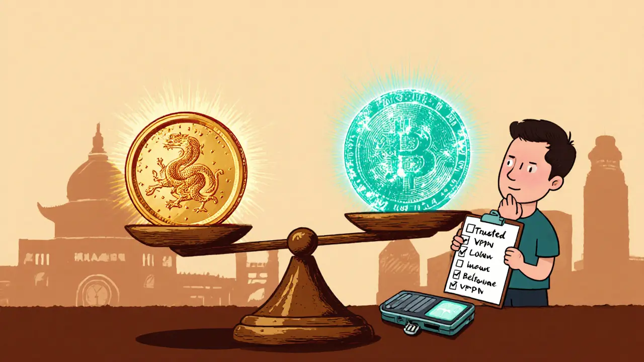 Balance scale comparing digital yuan and crypto, with a checklist and vintage VPN device.