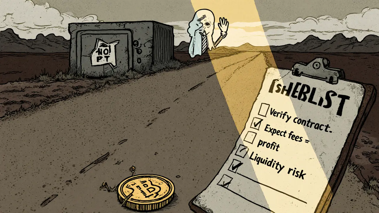 Cartoon abandoned vault with cracked PPT token, warning checklist, and a waving ghost figure.