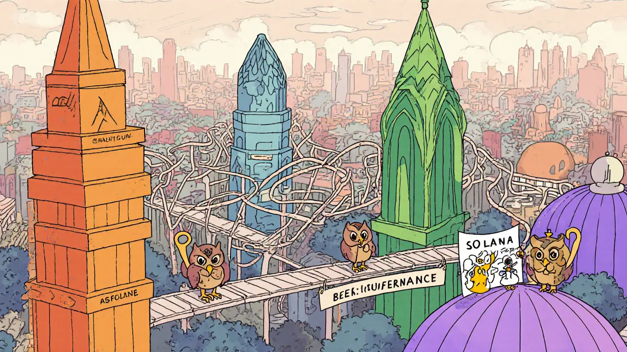 Cartoon blockchain city with bridges, custodians, and a DAO council highlighting current challenges.