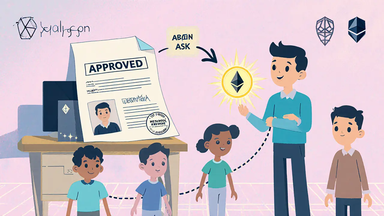 Cartoon character completes KYC, pending ASK moves to wallet, referrals shown.