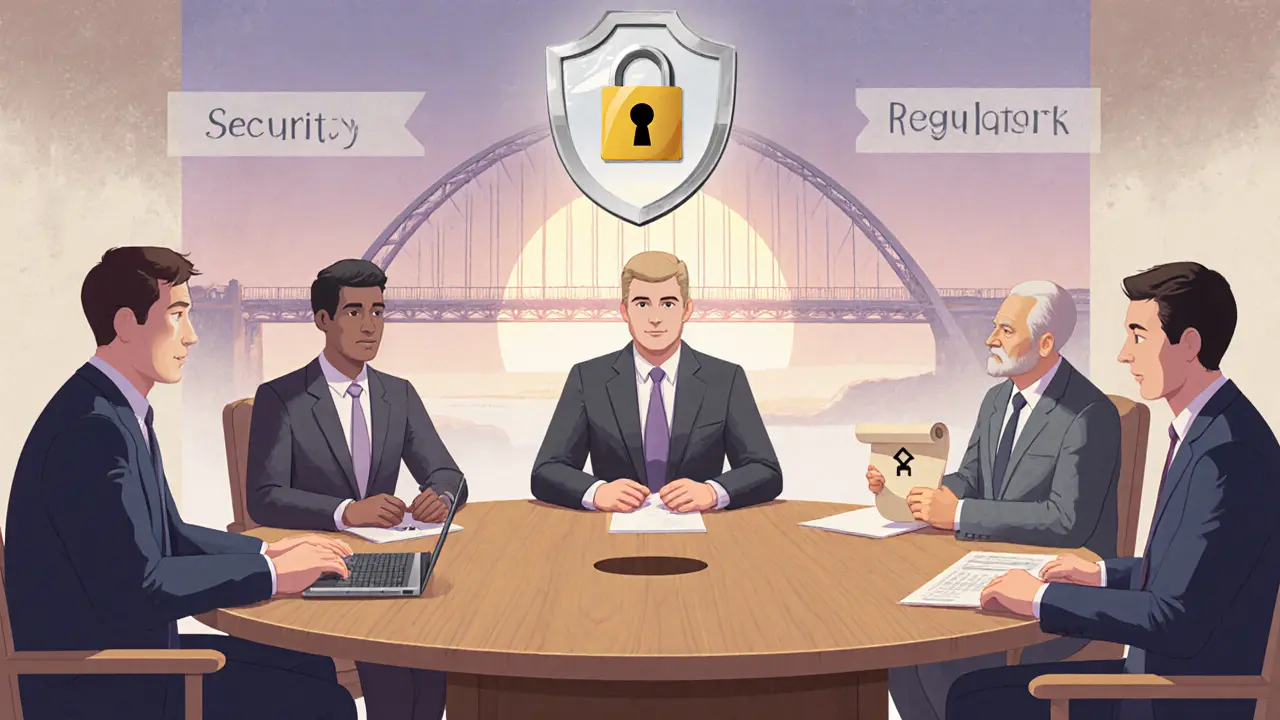 Cartoon DAO members voting, with icons of security, risk, and future bridges.