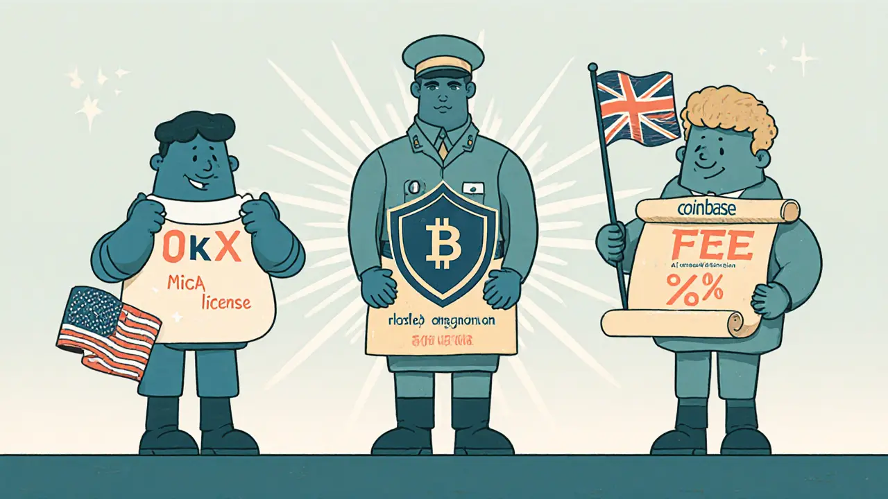 Cartoon exchange characters OKX, Bybit, and Coinbase showing fees and licenses.