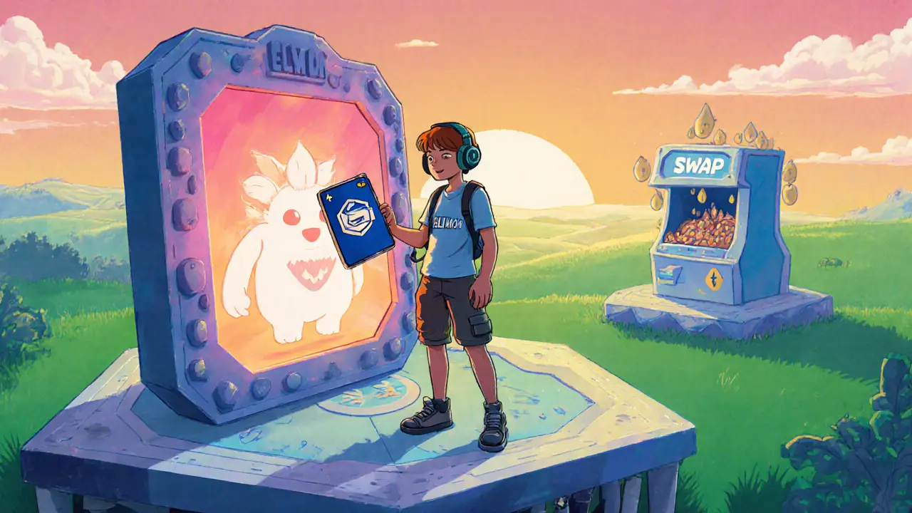Cartoon gamer holding NFT monster card with ELMON logo near a portal for future updates.