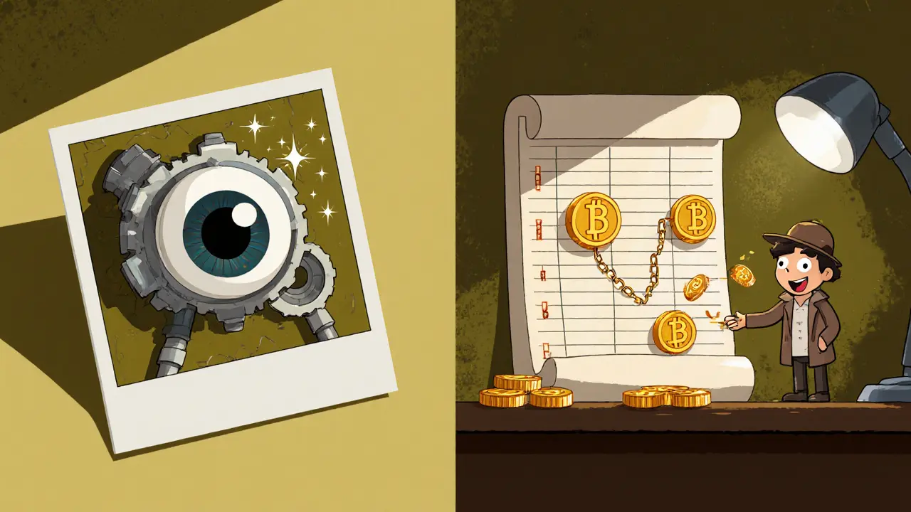 Cartoon illustration of AI image‑recognition scanning a photo and TR3 tokens moving through a blockchain ledger.