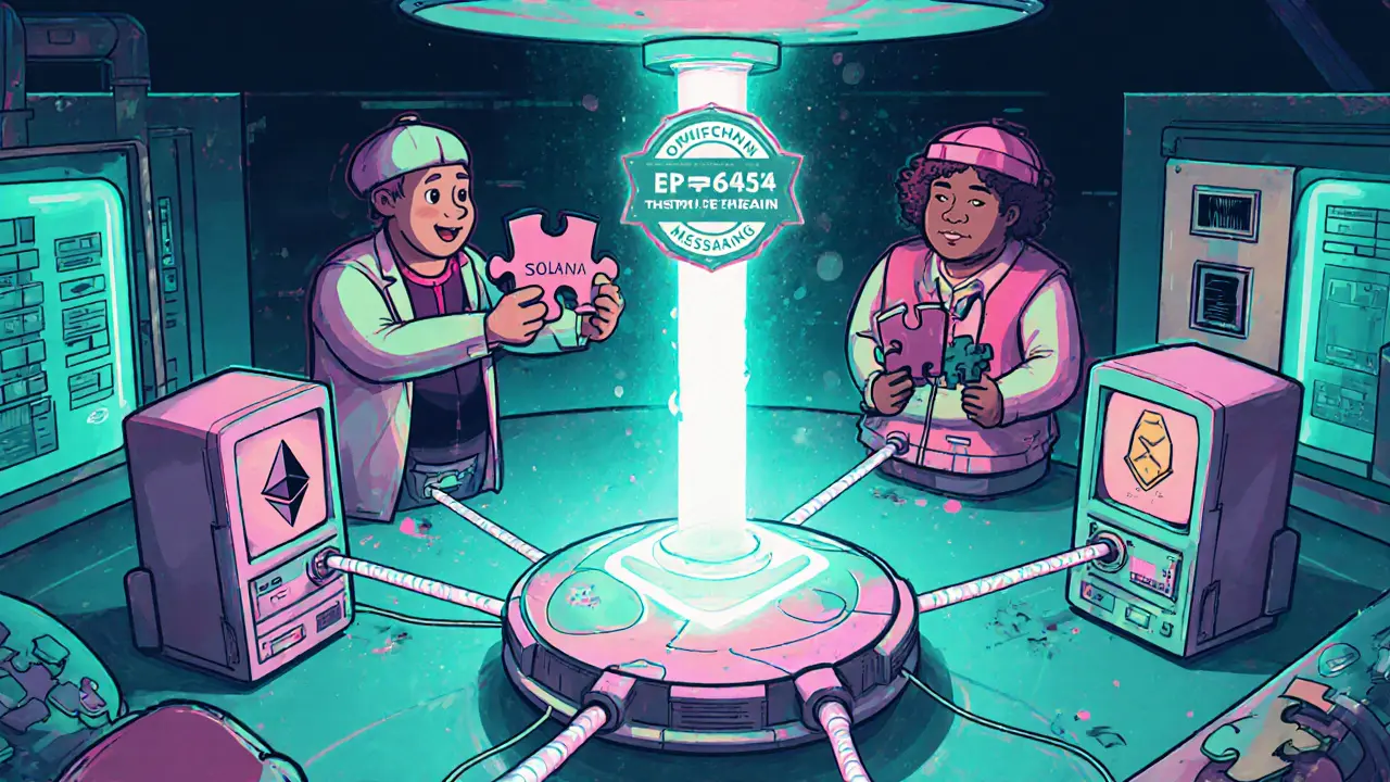 Cartoon lab with a glowing omnichain conduit, validators, and a metadata badge representing future standards.