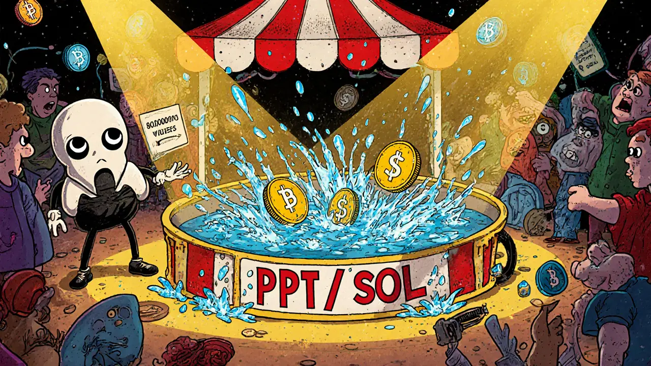 Cartoon Raydium booth with tiny PPT/SOL pool, SOL coin being swapped, price tag swinging.
