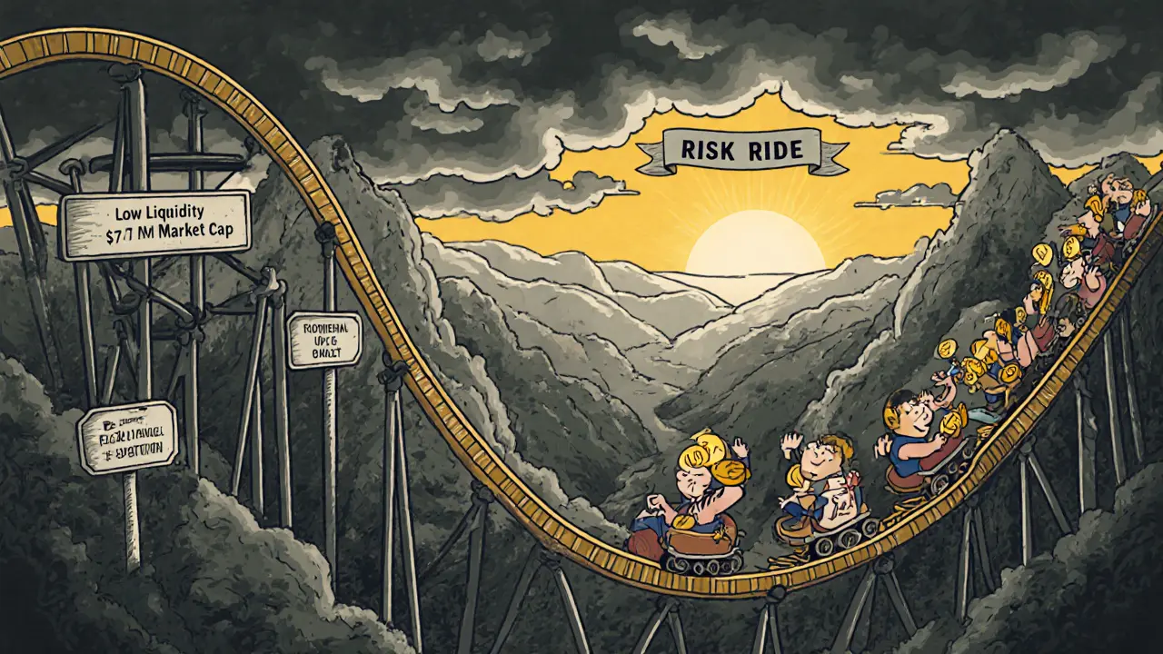 Cartoon roller coaster named MPT Risk Ride with investors, risk signs, and hopeful sunrise.