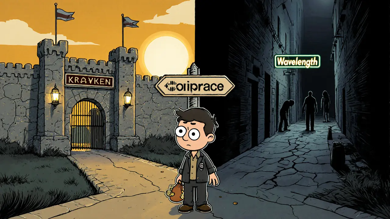 Cartoon trader at a forked road choosing between a secure fortress and a shady alley.