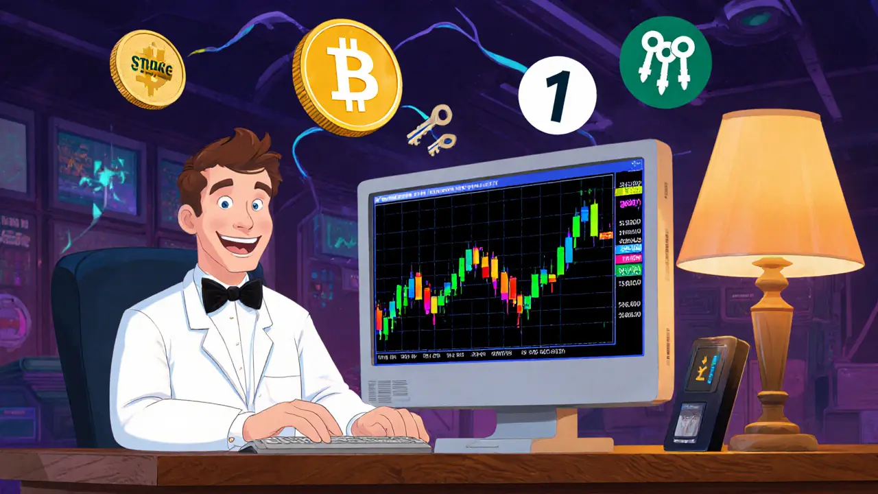 Cartoon trader at desk with retro monitor, chart, staking coin, margin lever, and wallet keys.