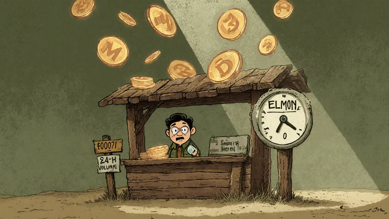 Cartoon trader at empty stall surrounded by floating ELMON coins showing low volume.