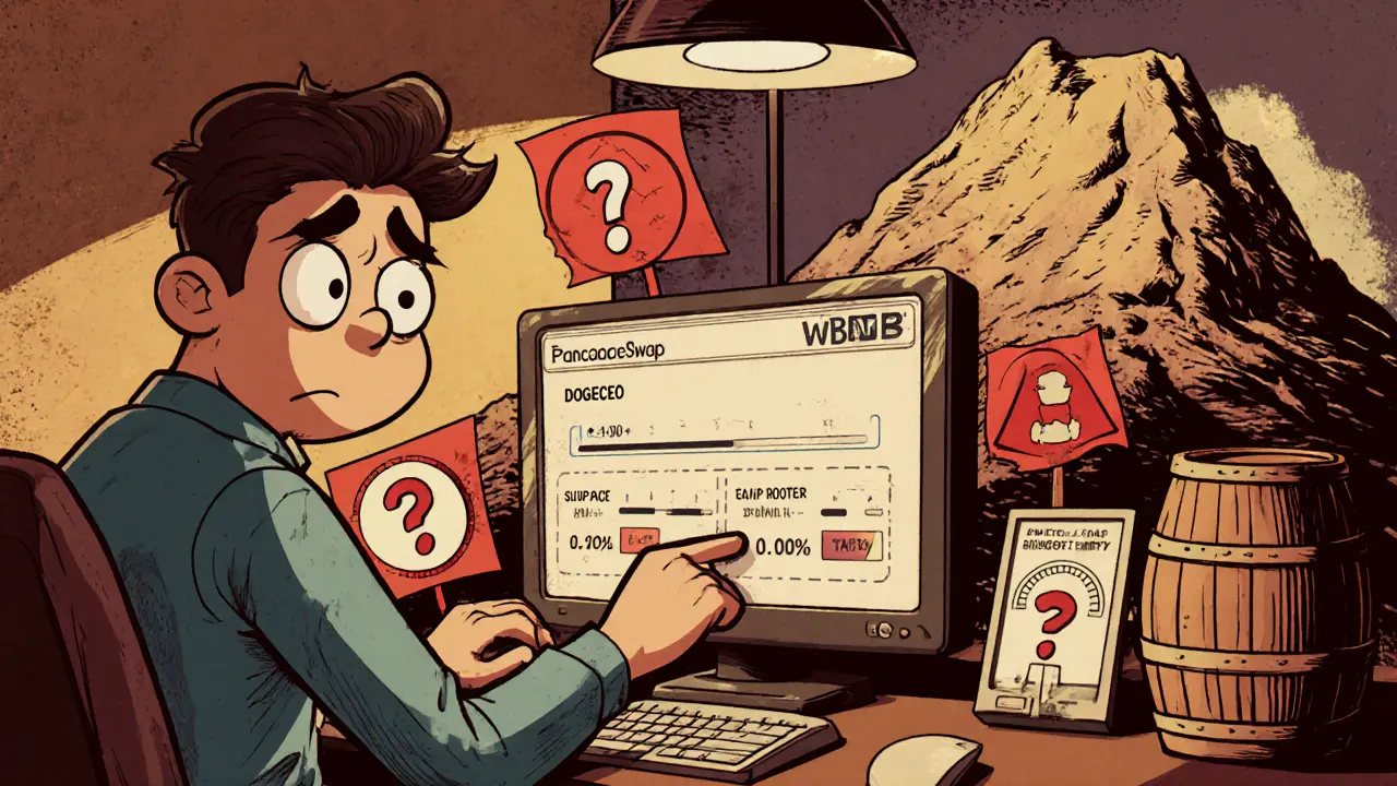 Cartoon trader swapping BNB for DOGECEO on PancakeSwap with high slippage.