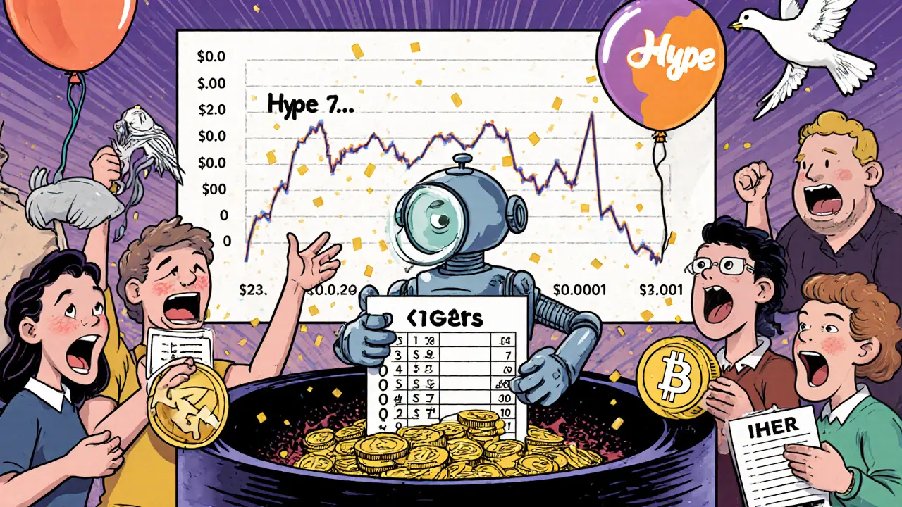 Chaotic cartoon marketplace where users celebrate or panic as HQ rewards appear and vanish amid a crashing price chart.