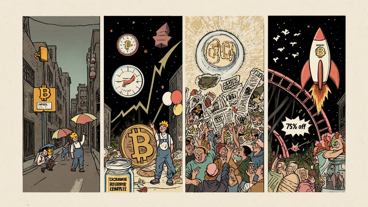 Comic strip in vintage style depicting Bitcoin’s Accumulation, Growth, Bubble, and Crash phases.