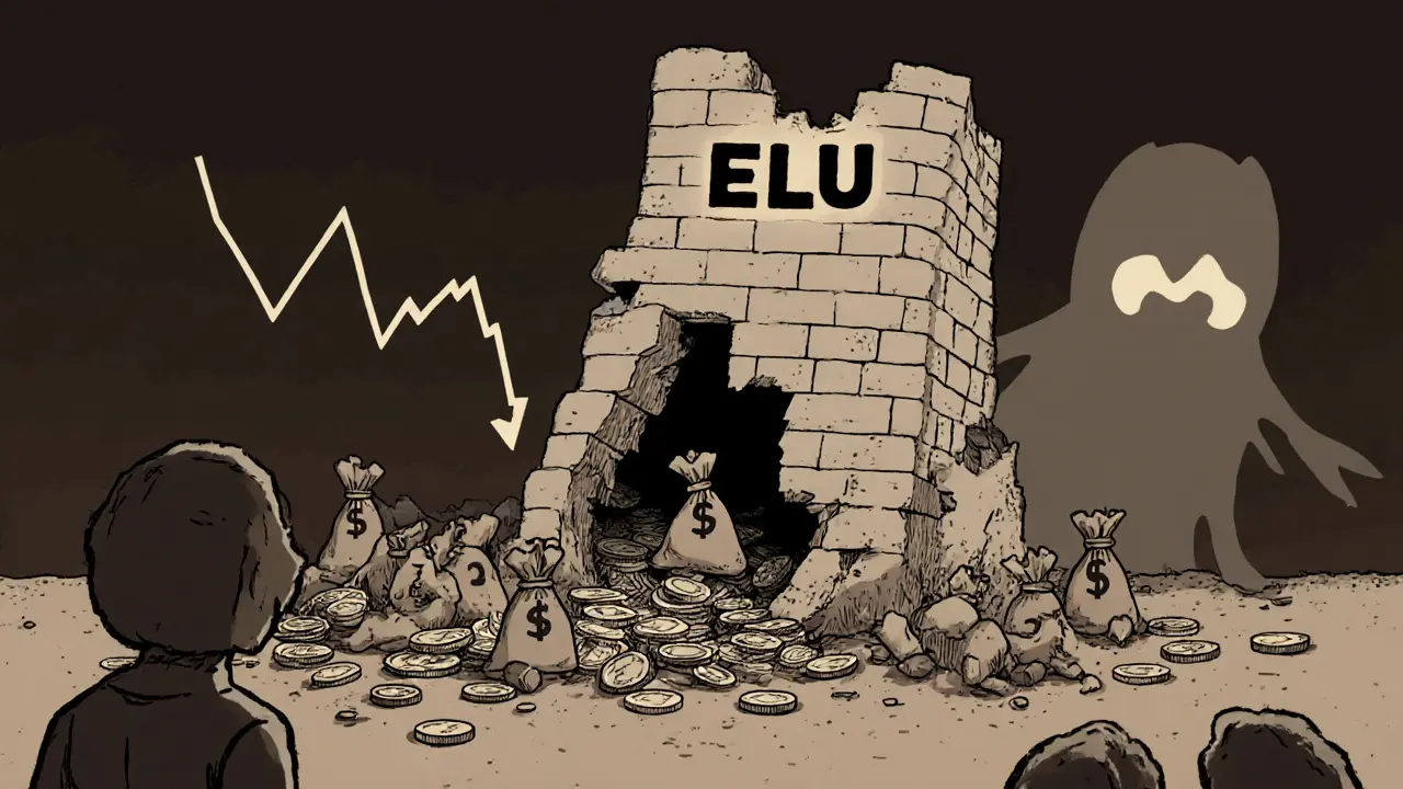 Crumbling ELU tower with falling coins and a steep down‑trend graph.