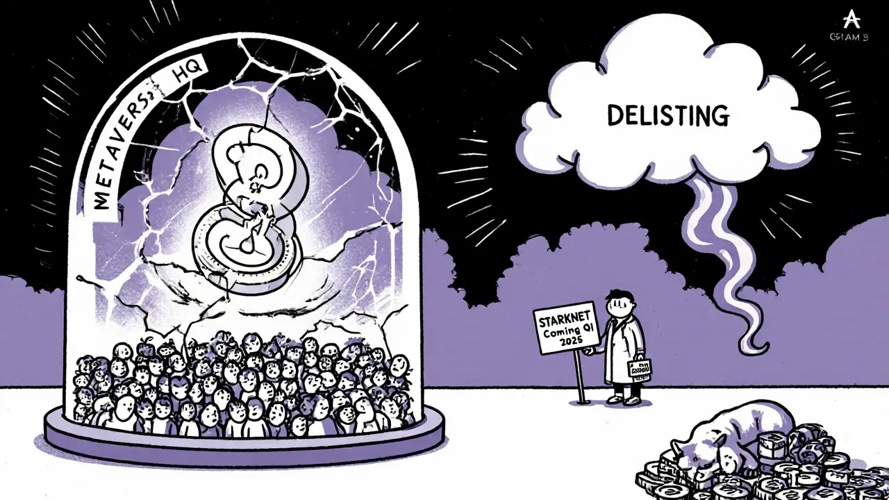 Fragile glass dome housing a tiny HQ token and a crowd of users, cracking under pressure from a looming delisting storm.
