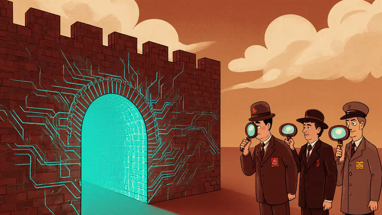 Great Firewall wall with a turquoise VPN tunnel and cartoon agents watching.