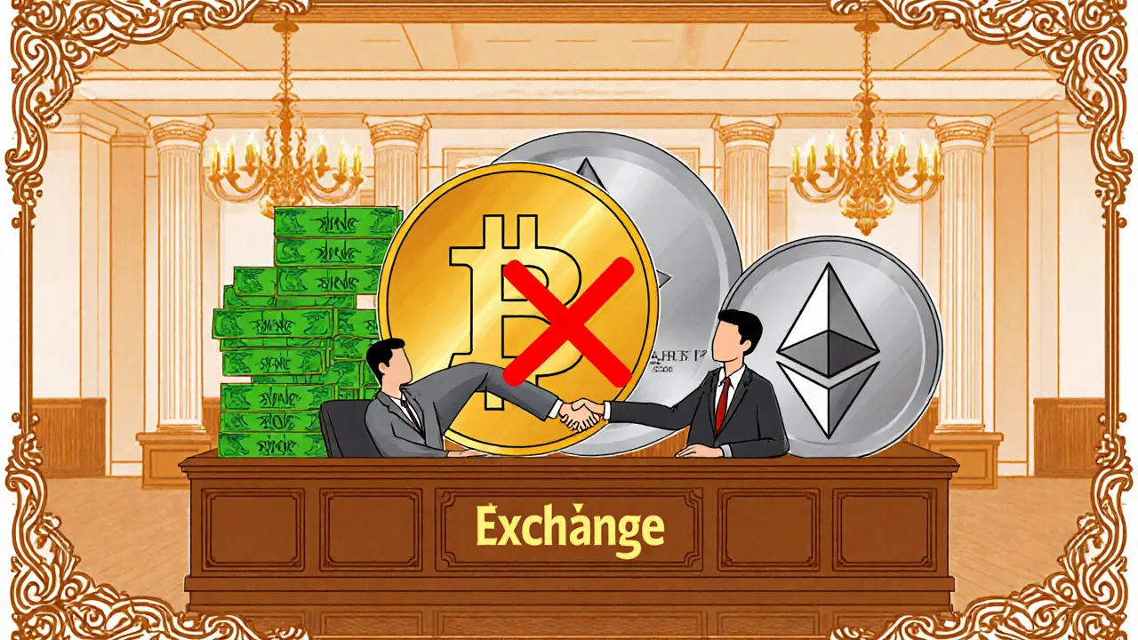 Pilot crypto exchange floor with partners, Bitcoin, Ethereum and a stablecoin ban sign.