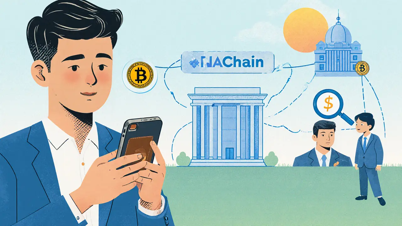 Retail trader holding a crypto wallet, with a permissioned blockchain and regulator nearby.