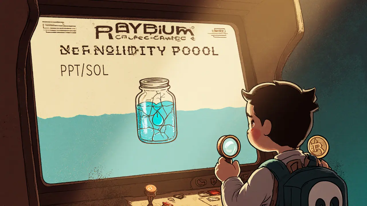 Retro arcade screen showing Raydium DEX with an empty PPT/SOL pool and a worried wallet holder.
