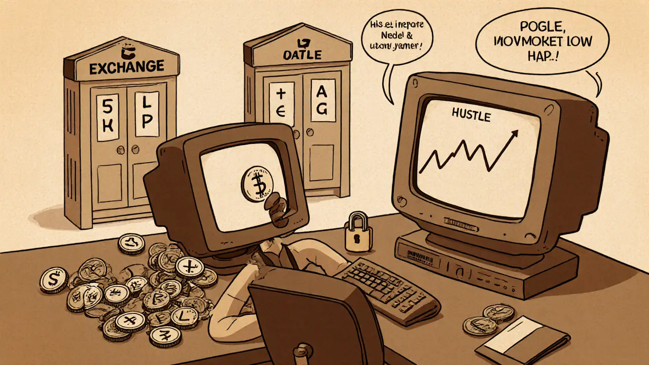 Retro trader watches a wavy HUSTLE price line on a CRT monitor with token spill.