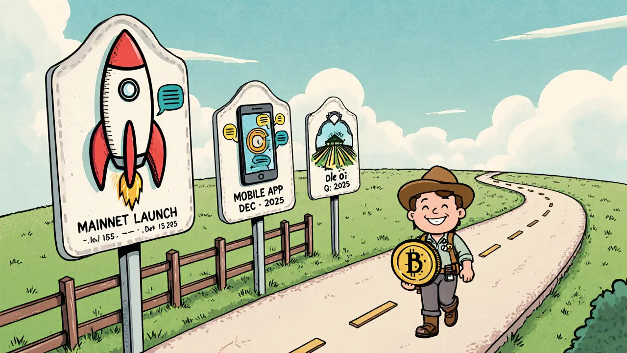 Roadmap sign shows rocket, smartphone, and farm icons for upcoming milestones.