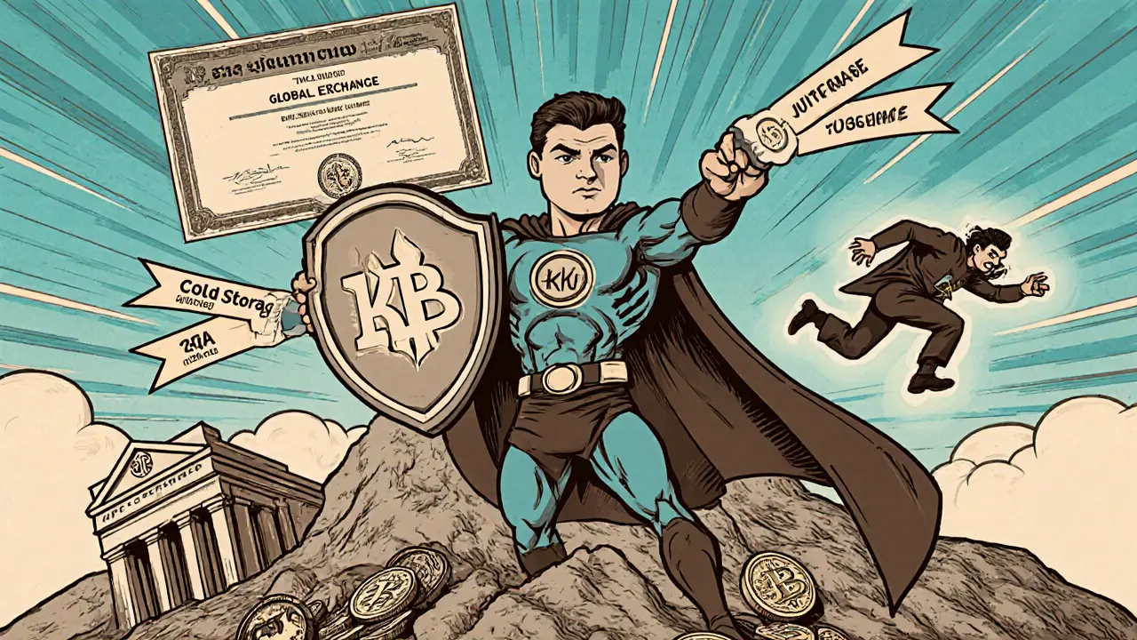 Superhero &#039;BitKub Man&#039; defends crypto users against outages and lack of insurance, standing on coins.