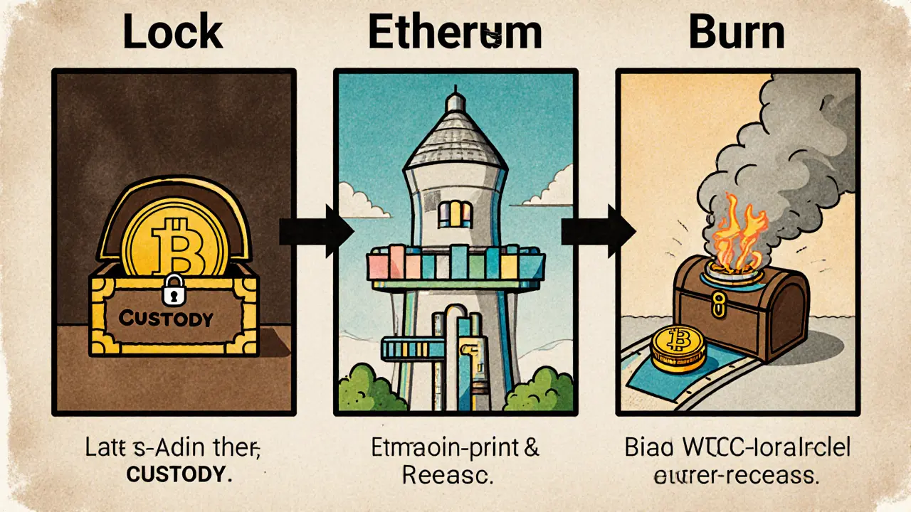 Three‑panel cartoon showing lock, mint, and burn steps of a wrapped token.