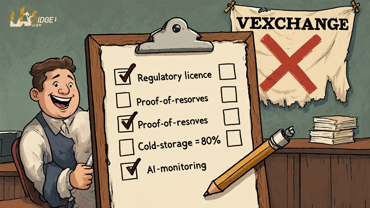 Trader checking a checklist while a Vexchange not‑found banner is crossed out.