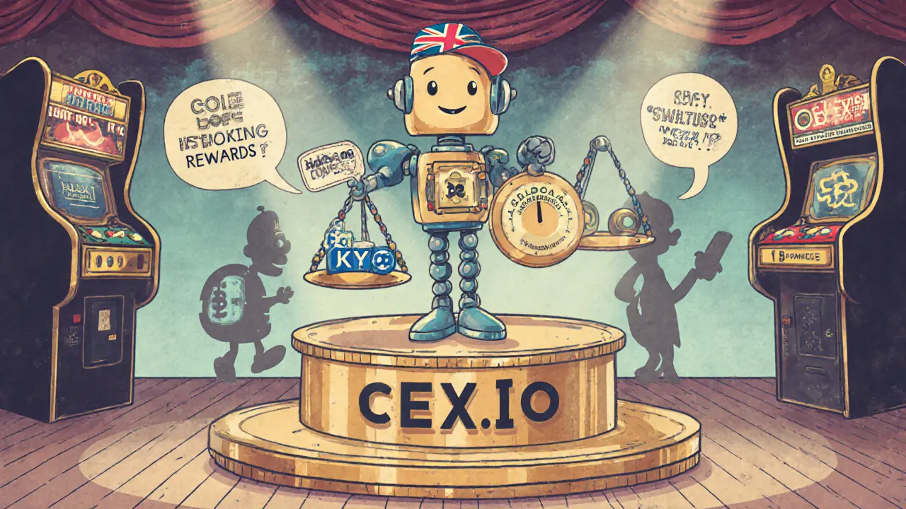 Vintage cartoon award stage with CEX.IO robot on podium, balance of pros and cons, competitor mascots.