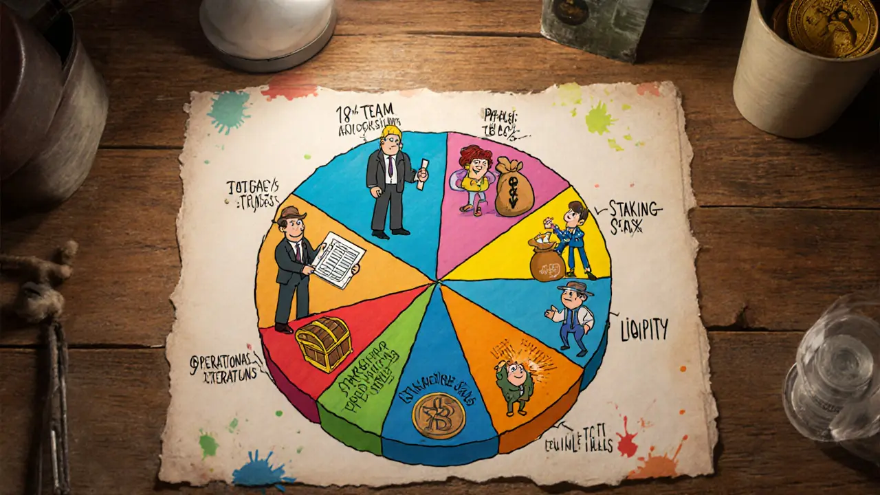 Vintage cartoon desk with pie chart showing GMPD token allocation as personified characters.