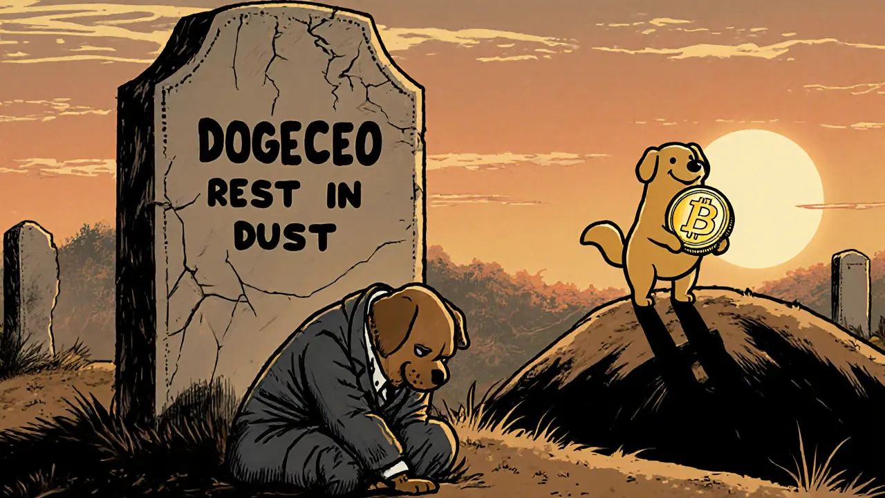 Vintage cartoon graveyard with DOGECEO tombstone and sad dog next to happy Dogecoin dog.