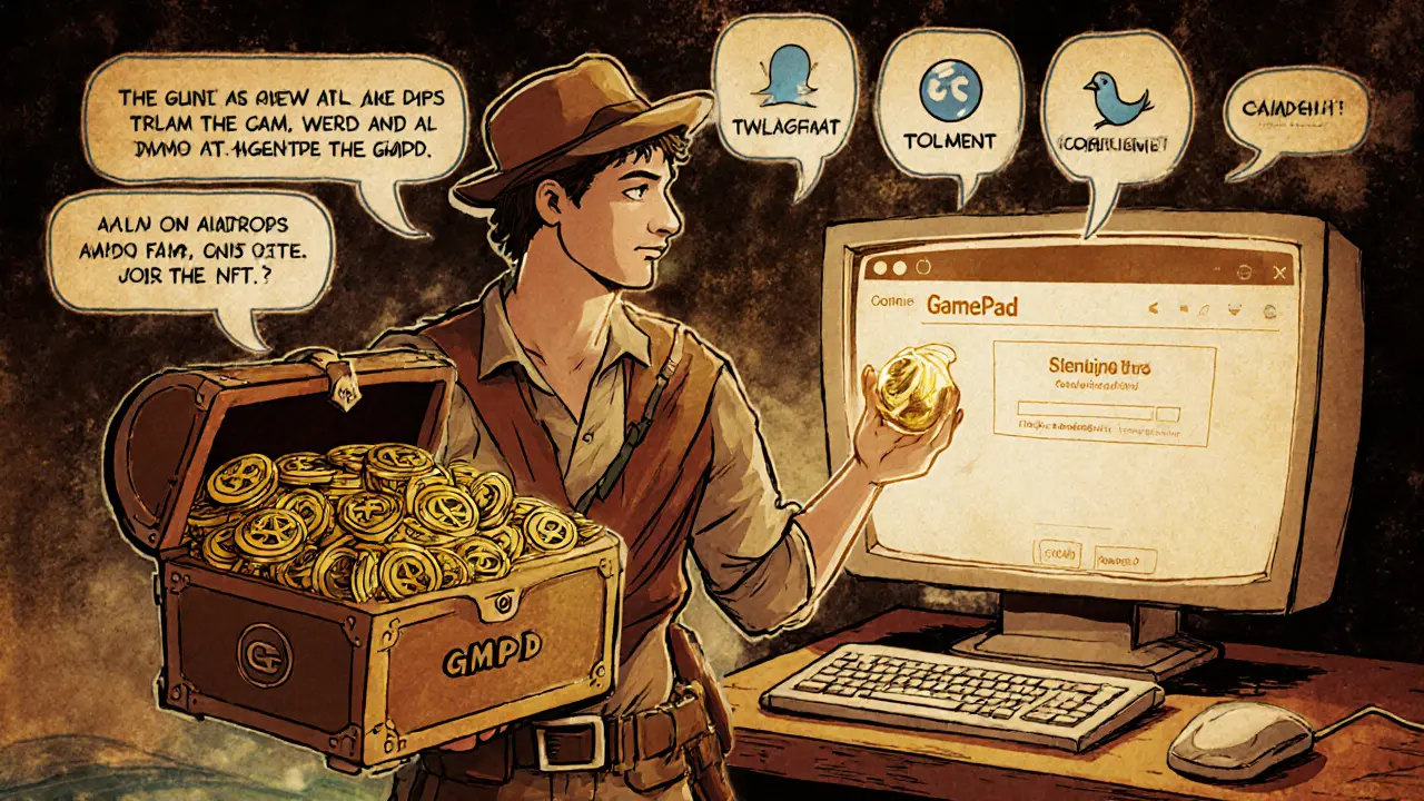 Vintage cartoon hero completing wallet, staking, social tasks and receiving a glowing NFT amulet.