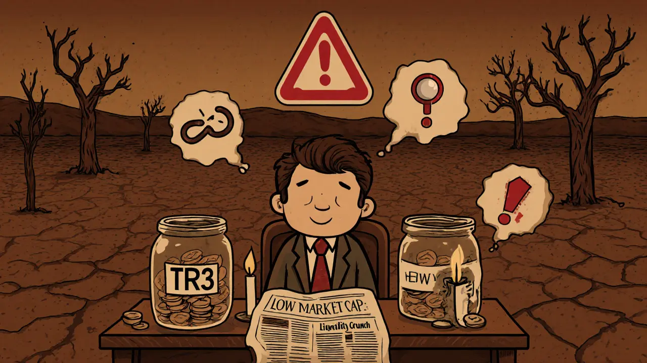 Vintage cartoon of a puzzled investor surrounded by tiny stacks of TR3 coins and warning symbols indicating low liquidity and risk.