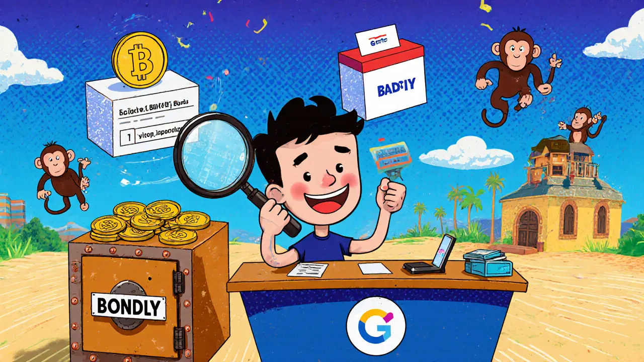 Vintage cartoon of a user buying BONDLY, staking it, and voting, with BAYC and Sandbox icons.