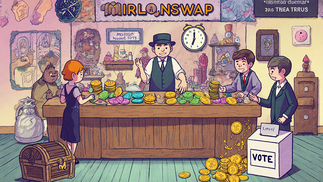 Vintage cartoon of users swapping MERL and NFTs on MerlinSwap, staking and earning rewards.