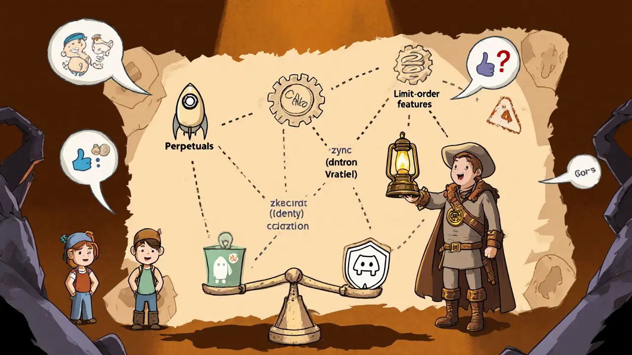 Vintage cartoon roadmap with CAKE lantern, community bubbles, and pros vs cons scale.