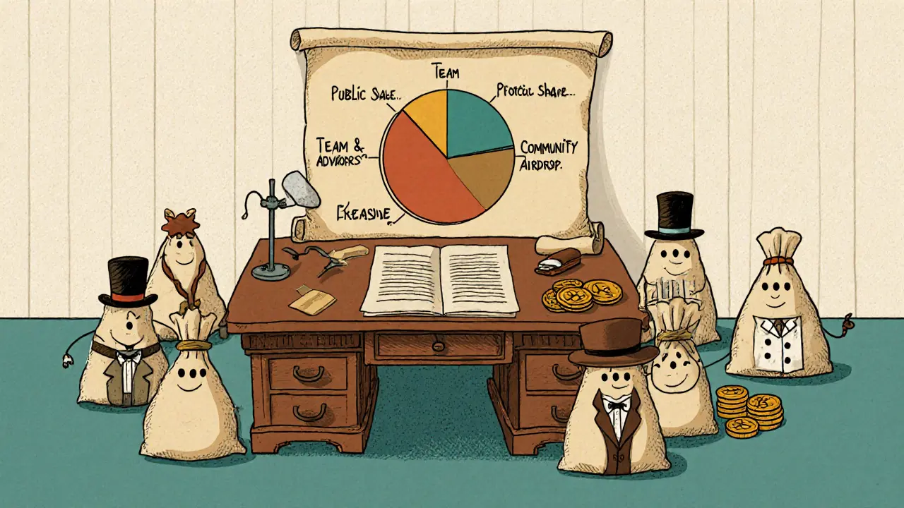 Vintage cartoon scene of token allocation with anthropomorphic coin bags for each category.