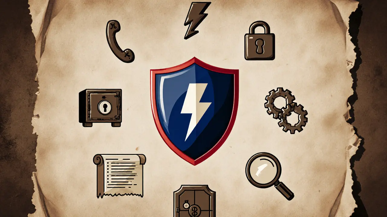Vintage cartoon shield surrounded by icons for security features like MFA and cold storage.