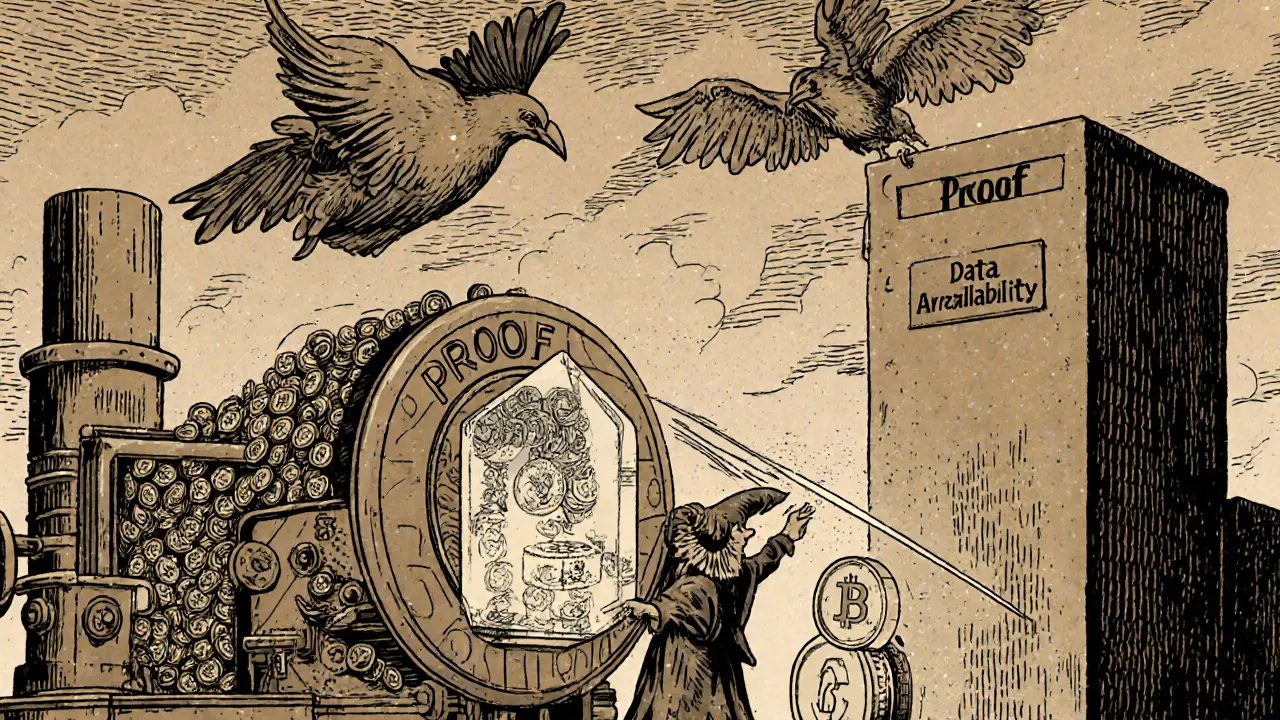Vintage cartoon showing ZK‑Rollup batching transactions into a proof that settles on Bitcoin.