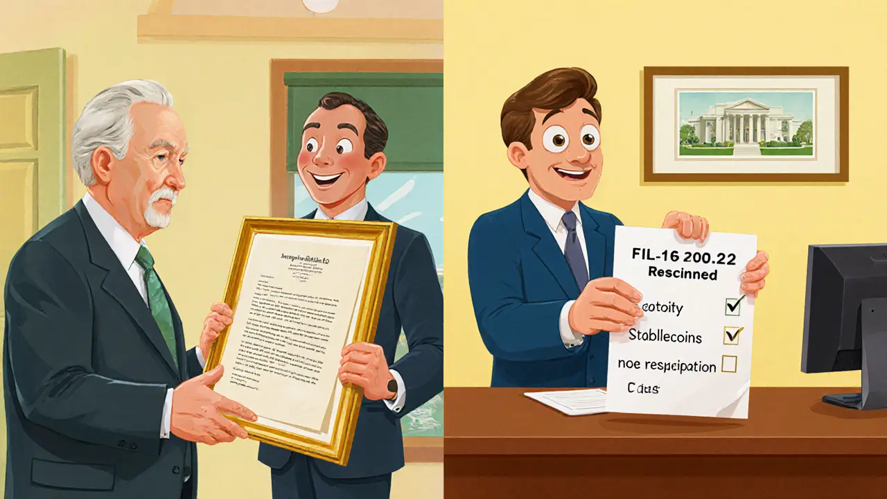 Vintage cartoon split scene showing OCC and FDIC officials handing rescinded letters to bank managers.