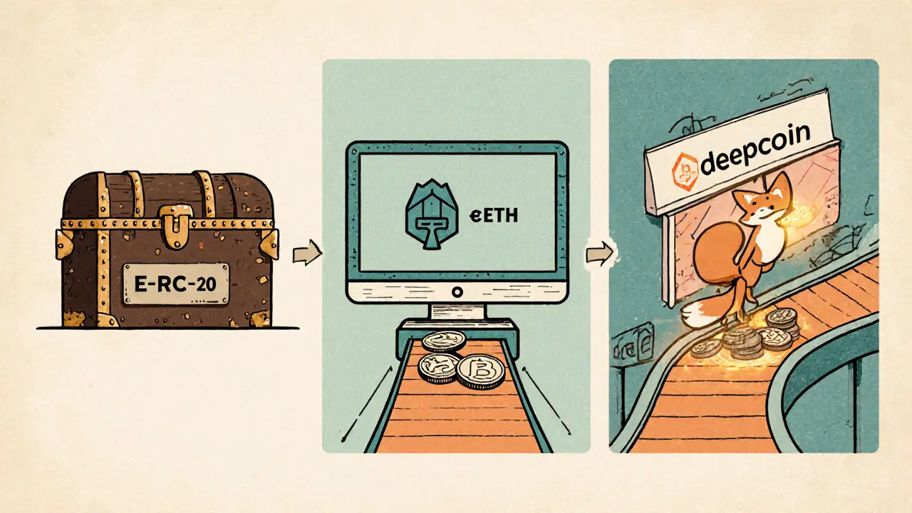 Vintage cartoon steps showing a wallet, exchange screen, and MPT token transfer.