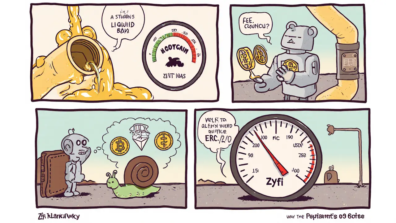 Vintage cartoon strip showing liquidity bands, fee meter, Zyfi gas payment, and fast speed on zkSync.