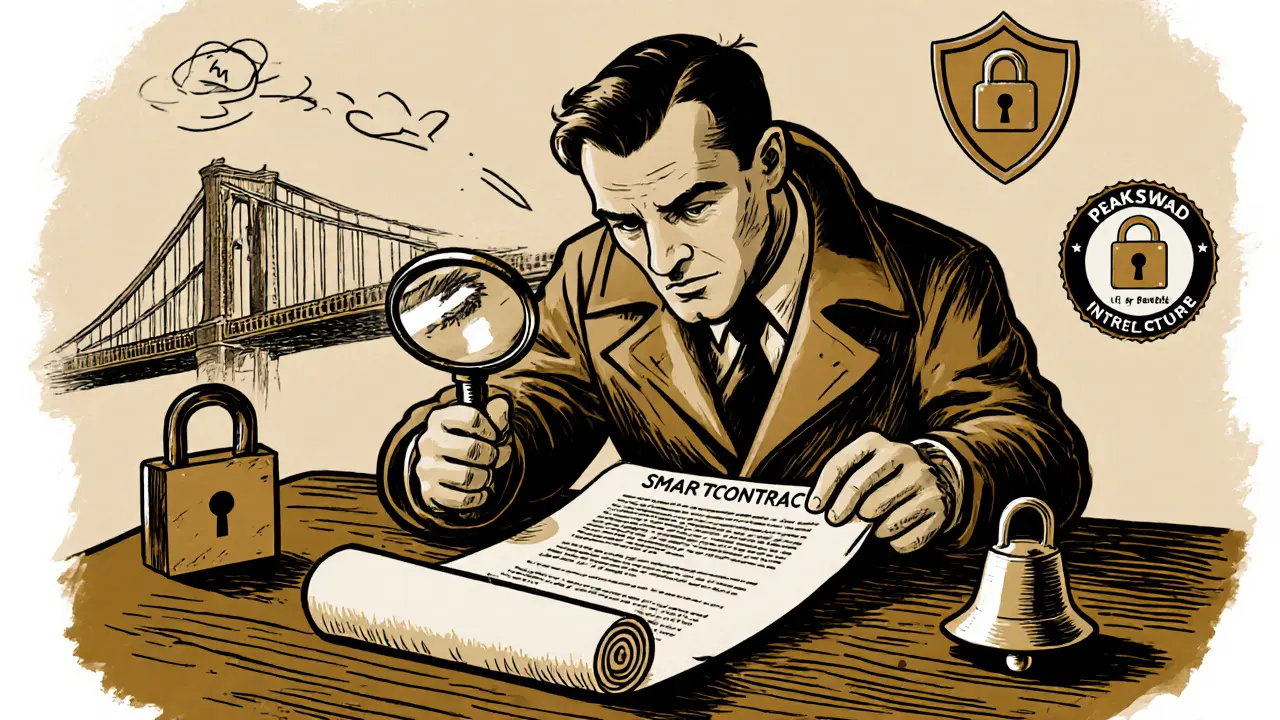 Vintage detective‑style auditor examining a smart contract scroll beside a partially opened bridge lock.