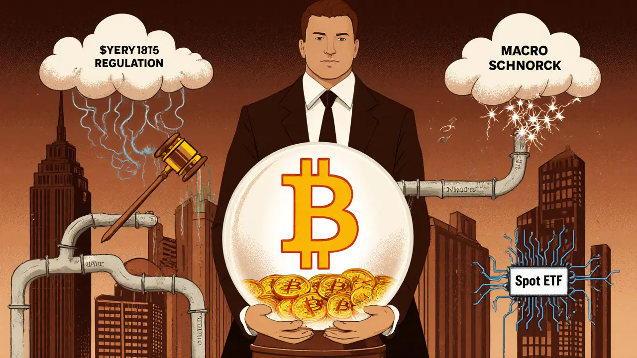 Vintage illustration of a crystal ball foretelling a 0,000 Bitcoin peak, with institutional pipelines and looming risks.