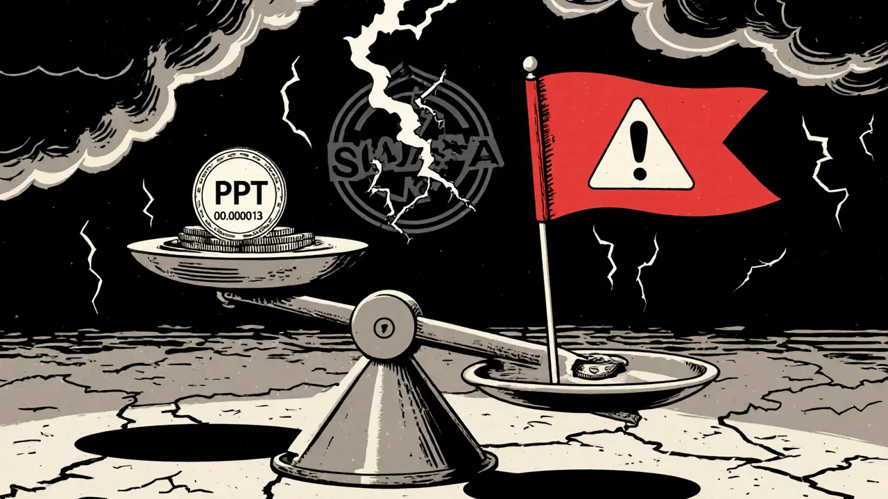 Vintage warning scene with a PPT coin tipping against a red flag under stormy clouds.