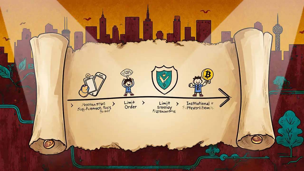 Whimsical vintage roadmap with milestones for a mobile app, limit orders, and custody integration.