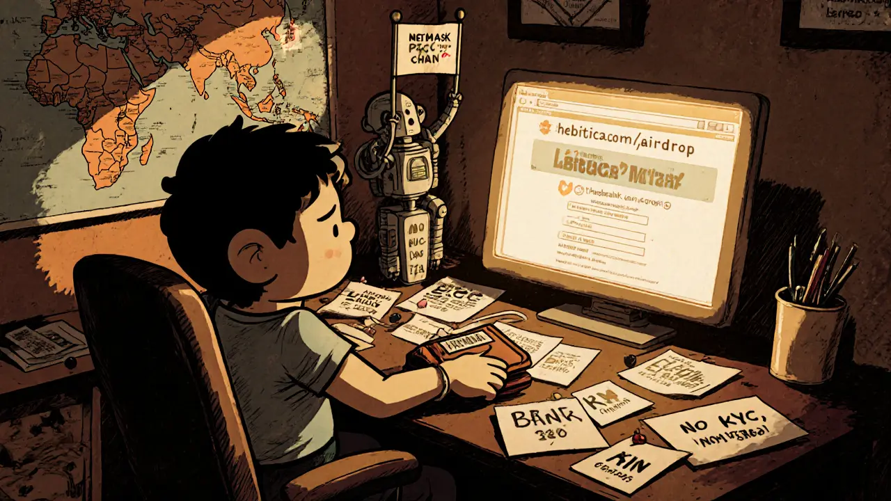A character connecting a wallet to the official BITICA airdrop page, surrounded by no-deposit signs in vintage cartoon art.